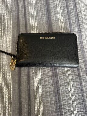 Michael Kors Black Leather Zip-Around Wristlet with Gold Hardware